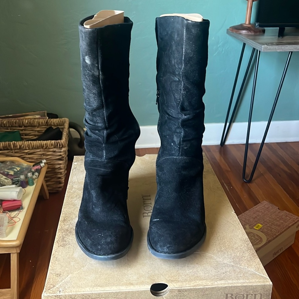 Born Black Suede Mid-Calf Heeled Boots